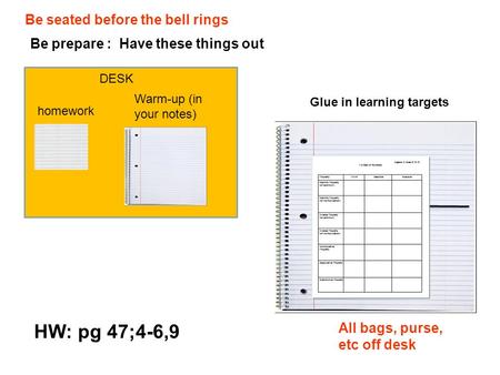 Be seated before the bell rings DESK All bags, purse, etc off desk homework Be prepare : Have these things out Warm-up (in your notes) Glue in learning.