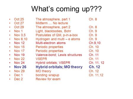 What’s coming up??? Oct 25The atmosphere, part 1Ch. 8 Oct 27Midterm … No lecture Oct 29The atmosphere, part 2Ch. 8 Nov 1Light, blackbodies, BohrCh. 9.