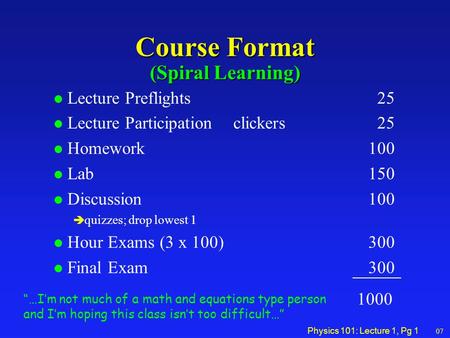Physics 101: Lecture 1, Pg 1 Course Format (Spiral Learning) l Lecture Preflights 25 l Lecture Participationclickers 25 l Homework100 l Lab 150 l Discussion.