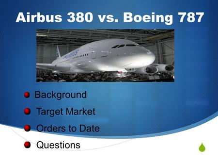 Airbus 380 vs. Boeing 787 Background Target Market Orders to Date Questions.