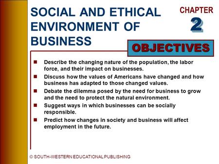 CHAPTER OBJECTIVES © SOUTH-WESTERN EDUCATIONAL PUBLISHING SOCIAL AND ETHICAL ENVIRONMENT OF BUSINESS nDescribe the changing nature of the population,