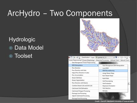 ArcHydro – Two Components Hydrologic  Data Model  Toolset Credit – David R. Maidment University of Texas at Austin.