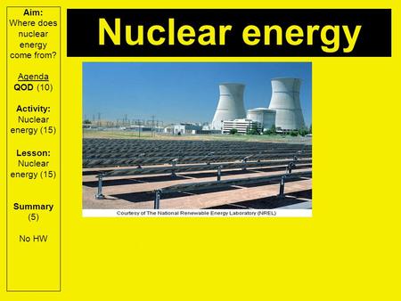 Aim: Where does nuclear energy come from? Agenda QOD (10) Activity: Nuclear energy (15) Lesson: Nuclear energy (15) Summary (5) No HW Nuclear energy QOD: