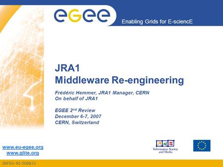 INFSO-RI-508833 Enabling Grids for E-sciencE www.eu-egee.org www.glite.org JRA1 Middleware Re-engineering Frédéric Hemmer, JRA1 Manager, CERN On behalf.