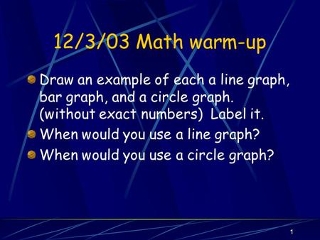 1 12/3/03 Math warm-up Draw an example of each a line graph, bar graph, and a circle graph. (without exact numbers) Label it. When would you use a line.