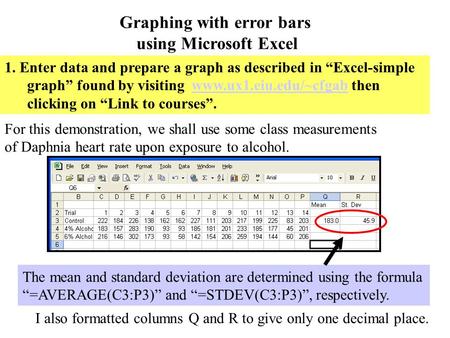 Graphing with error bars using Microsoft Excel 1. Enter data and prepare a graph as described in “Excel-simple graph” found by visiting www.ux1.eiu.edu/~cfgab.