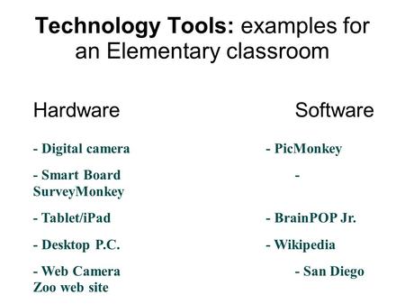 Technology Tools: examples for an Elementary classroom HardwareSoftware - Digital camera- PicMonkey - Smart Board- SurveyMonkey - Tablet/iPad- BrainPOP.