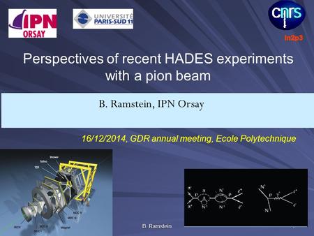 GDR 20141 B. Ramstein, IPN Orsay Perspectives of recent HADES experiments with a pion beam 16/12/2014, GDR annual meeting, Ecole Polytechnique B. Ramstein.