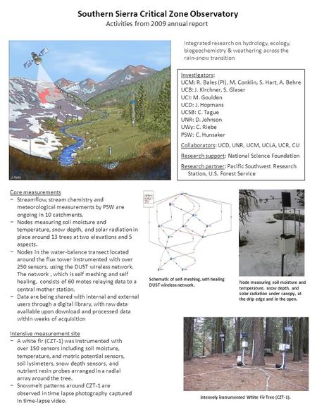 Southern Sierra Critical Zone Observatory Activities from 2009 annual report Investigators: UCM: R. Bales (PI), M. Conklin, S. Hart, A. Behre UCB: J. Kirchner,