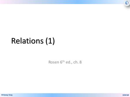 Relations (1) Rosen 6 th ed., ch. 8. Binary Relations Let A, B be any two sets. A binary relation R from A to B, written (with signature) R:A↔B, is a.