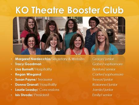 KO Theatre Booster Club Margaret Nardecchia / Secretary & WebsiteGrace/ junior Margaret Nardecchia / Secretary & WebsiteGrace/ junior Tracy Goodman Gabe/
