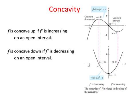 Concavity f is concave up if f’ is increasing on an open interval. f is concave down if f’ is decreasing on an open interval.