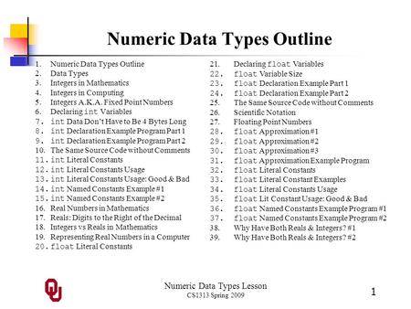 Numeric Data Types Lesson CS1313 Spring 2009 1 Numeric Data Types Outline 1.Numeric Data Types Outline 2.Data Types 3.Integers in Mathematics 4.Integers.