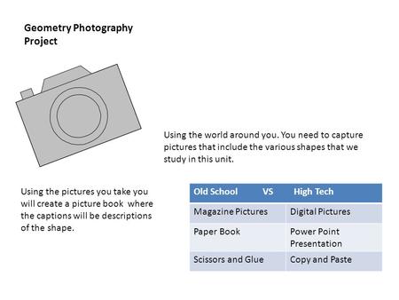 Geometry Photography Project Using the world around you. You need to capture pictures that include the various shapes that we study in this unit. Using.