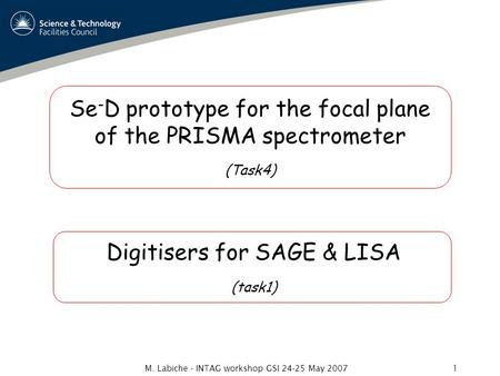 M. Labiche - INTAG workshop GSI 24-25 May 20071 Se - D prototype for the focal plane of the PRISMA spectrometer (Task4) Digitisers for SAGE & LISA (task1)