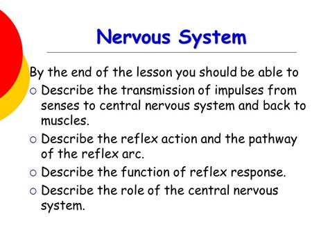 Nervous System By the end of the lesson you should be able to  Describe the transmission of impulses from senses to central nervous system and back to.