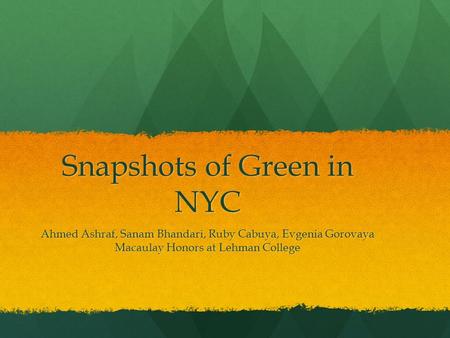 Snapshots of Green in NYC Ahmed Ashraf, Sanam Bhandari, Ruby Cabuya, Evgenia Gorovaya Macaulay Honors at Lehman College.