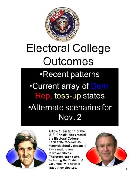 1 Electoral College Outcomes Recent patterns Current array of Dem, Rep, toss-up states Alternate scenarios for Nov. 2 Article 2, Section 1 of the U. S.
