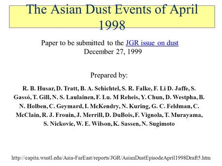The Asian Dust Events of April 1998 Prepared by: R. B. Husar, D. Tratt, B. A. Schichtel, S. R. Falke, F. Li D. Jaffe, S. Gassó, T. Gill, N. S. Laulainen,