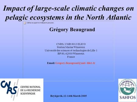 Impact of large-scale climatic changes on pelagic ecosystems in the North Atlantic Grégory Beaugrand CNRS, UMR 8013 ELICO Station Marine Wimereux Université.