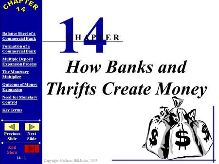 14 - 1 Copyright McGraw-Hill/Irwin, 2005 Balance Sheet of a Commercial Bank Formation of a Commercial Bank Multiple Deposit Expansion Process The Monetary.