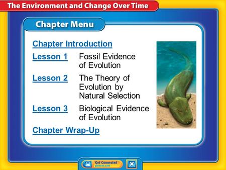 Chapter Menu Chapter Introduction Lesson 1Lesson 1Fossil Evidence of Evolution Lesson 2Lesson 2The Theory of Evolution by Natural Selection Lesson 3Lesson.