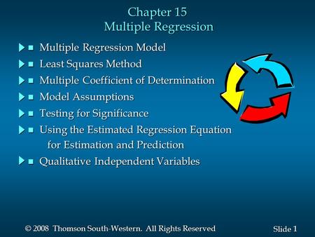 1 1 Slide © 2008 Thomson South-Western. All Rights Reserved Chapter 15 Multiple Regression n Multiple Regression Model n Least Squares Method n Multiple.