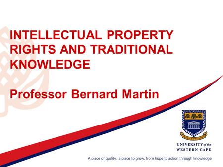 INTELLECTUAL PROPERTY RIGHTS AND TRADITIONAL KNOWLEDGE Professor Bernard Martin.
