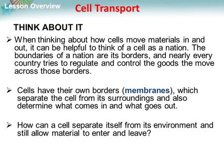 Lesson Overview Lesson Overview Cell Transport THINK ABOUT IT  When thinking about how cells move materials in and out, it can be helpful to think of.