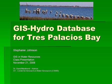GIS-Hydro Database for Tres Palacios Bay Stephanie Johnson GIS in Water Resources Class Presentation November 21, 2006 Dr. David Maidment – Advisor UT.