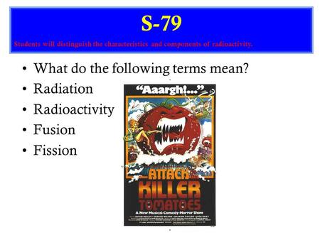 What do the following terms mean? Radiation Radioactivity Fusion Fission S-79 Students will distinguish the characteristics and components of radioactivity.