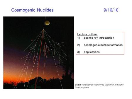 Cosmogenic Nuclides9/16/10 Lecture outline: 1)cosmic ray introduction 2)cosmogenic nuclide formation 3) applications artist’s rendition of cosmic ray spallation.