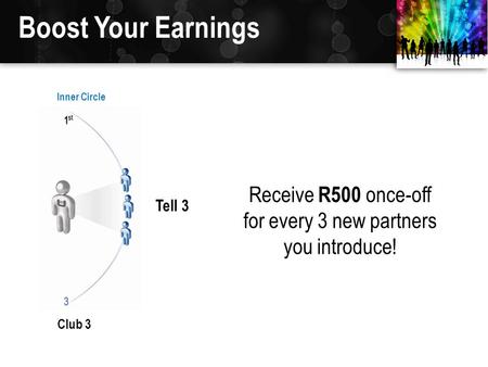 Tell 3 Receive R500 once-off for every 3 new partners you introduce! Club 3 Boost Your Earnings Inner Circle.