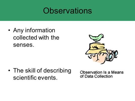 Observations Any information collected with the senses. The skill of describing scientific events.