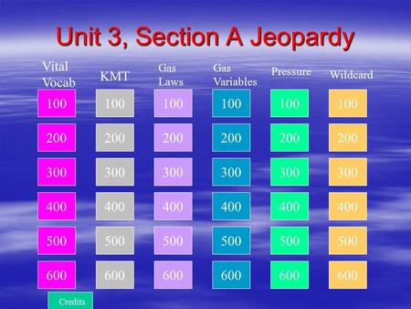 100 200 300 400 KMT Gas Laws Gas Variables Pressure Wildcard Unit 3, Section A Jeopardy Vital Vocab 500 600 100 200 300 400 500 600 100 200 300 400 500.