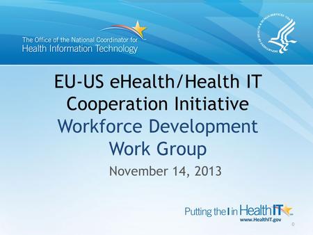 EU-US eHealth/Health IT Cooperation Initiative Workforce Development Work Group November 14, 2013 0.