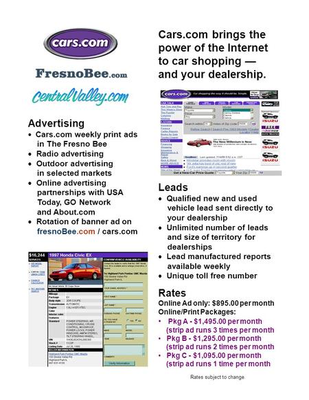 Cars.com brings the power of the Internet to car shopping — and your dealership. Rates Online Ad only: $895.00 per month Online/Print Packages: Pkg A -