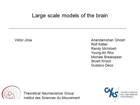 Large scale models of the brain Institut des Sciences du Mouvement Viktor Jirsa Theoretical Neuroscience Group Anandamohan Ghosh Rolf Kötter Randy McIntosh.