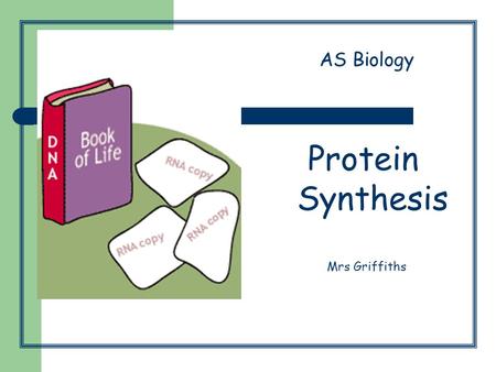 Protein Synthesis Mrs Griffiths AS Biology. Protein synthesis pg 72-73 1. DNA unwinds 2. mRNA copy is made of one of the DNA strands. 3. mRNA copy moves.