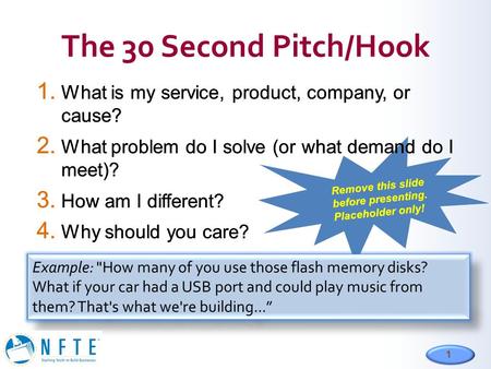 1 1. What is my service, product, company, or cause? 2. What problem do I solve (or what demand do I meet)? 3. How am I different? 4. Why should you care?