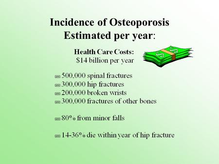 Incidence of Osteoporosis Estimated per year:. Characteristics of Osteoporosis: Low Bone Mass Fragile, deteriorated bones Increased risk for fracture.