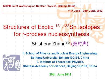 Structures of Exotic 131,133 Sn Isotopes for r-process nucleosynthesis Shisheng Zhang 1,2 ( 张时声 ) 1. School of Physics and Nuclear Energy Engineering,