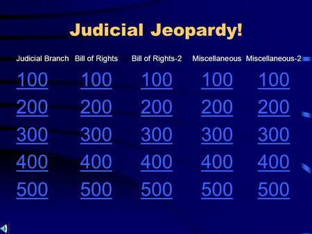 Judicial Jeopardy! Judicial BranchBill of Rights Bill of Rights-2MiscellaneousMiscellaneous-2 100 200 300 400 500.