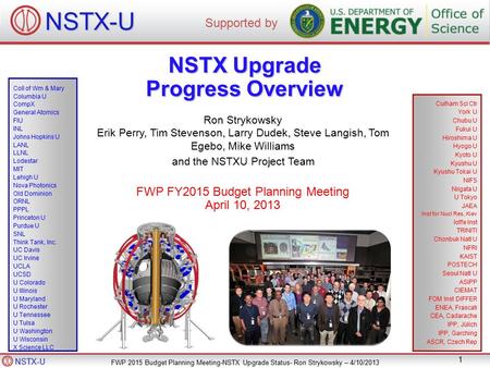 NSTX-U FWP 2015 Budget Planning Meeting-NSTX Upgrade Status- Ron Strykowsky – 4/10/2013 1 NSTX Upgrade Progress Overview Ron Strykowsky Erik Perry, Tim.
