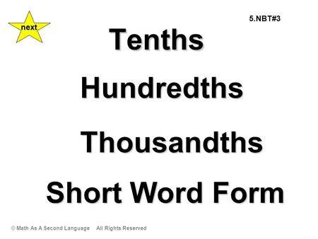 TenthsTenths Hundredths Thousandths Short Word Form © Math As A Second Language All Rights Reserved next 5.NBT#3.