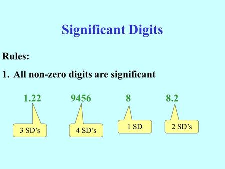 Significant Digits Rules: 1.All non-zero digits are significant 1.22 9456 8 8.2 3 SD’s 4 SD’s 1 SD 2 SD’s.