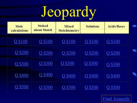 Jeopardy Mole calculations Stoked about Stoich Mixed Stoichiometry SolutionsAcids/Bases Q $100 Q $200 Q $300 Q $400 Q $500 Q $100 Q $200 Q $300 Q $400.