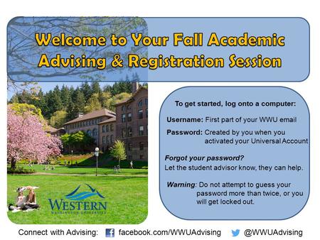 To get started, log onto a computer: Username: First part of your WWU email Password: Created by you when you activated your Universal Account Forgot your.