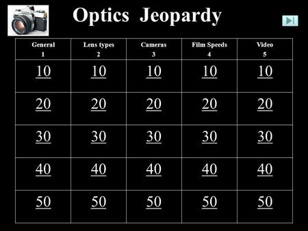 Optics Jeopardy General 1 Lens types 2 Cameras 3 Film Speeds 4 Video 5 10 20 30 40 50.