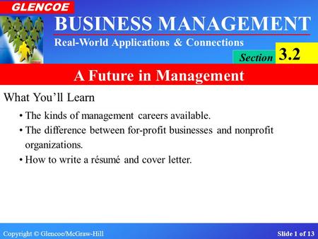 Copyright © Glencoe/McGraw-Hill Slide 1 of 13 BUSINESS MANAGEMENT Real-World Applications & Connections GLENCOE Section 3.2 A Future in Management What.